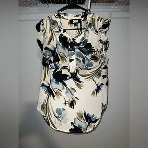 DKNY Women's Floral Blouse - Cream and  Dark Blue